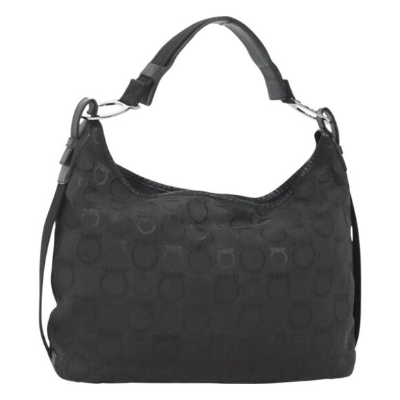 Salvatore Ferragamo Gancini Bag Canvas Leather Black Silver Auth bs26905 - Picture 1 of 16